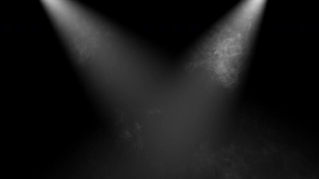 Cinematic stage lights illuminating floating fog in one direction, volumetric spotlight beams and final fade animation 4K