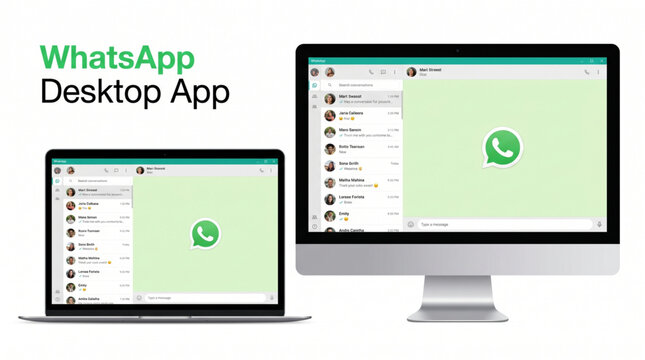 WhatsApp Desktop App interface mockup on laptop and desktop computer monitor screens featuring chat windows, message list, green logo, and modern UI design for business communication and technology.