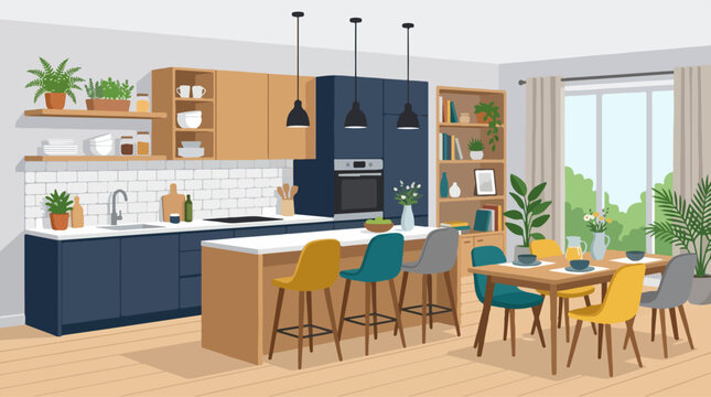 Modern kitchen interior design featuring vibrant colorful furniture and house plants
