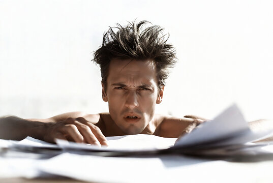 A man with messy hair looks intensely at documents spread out on a surface in bright, overexposed lighting.