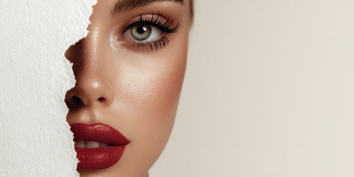 Womans face with dramatic makeup partially covered by textured white paper