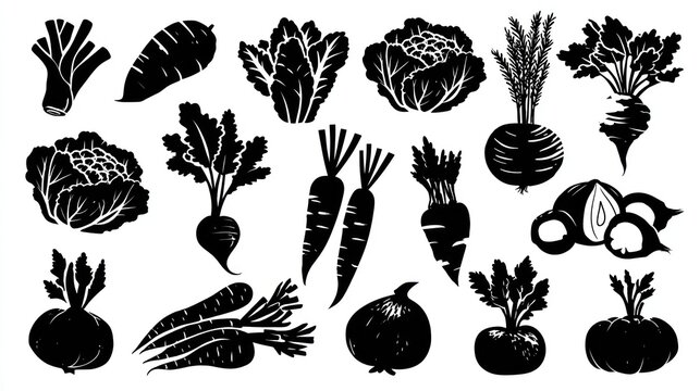 Collection of various root vegetables and leafy greens depicted in bold black silhouettes against a white background.