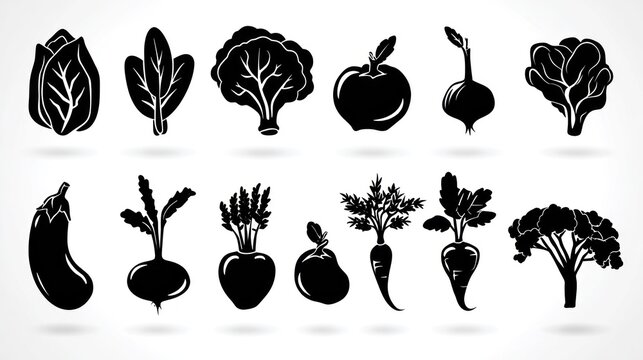 Collection of stylized black and white silhouettes representing various produce items against a light background.