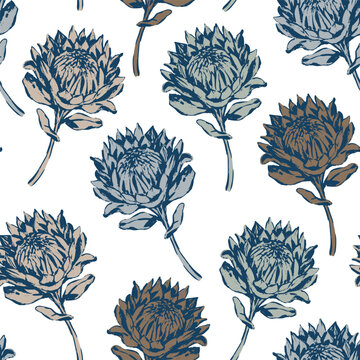 Hand drawn protea flower seamless pattern. Bold botanical florals on black background, repeat texture. King protea flower luxury design. Vector line art for wallpaper, textiles, wrapping paper, decor