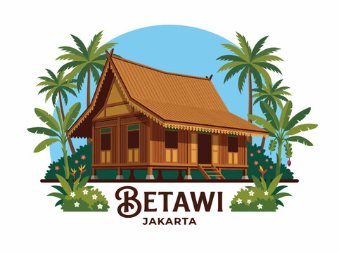 Vector illustration of Betawi Kebaya House surrounded by tropical plants and palm trees, showcasing traditional Jakarta architecture in clean flat design.