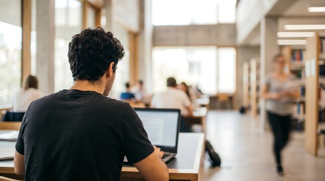 Young man working on laptop in modern university library with blurred background of students studying in bright open space focused on education and academic research environment