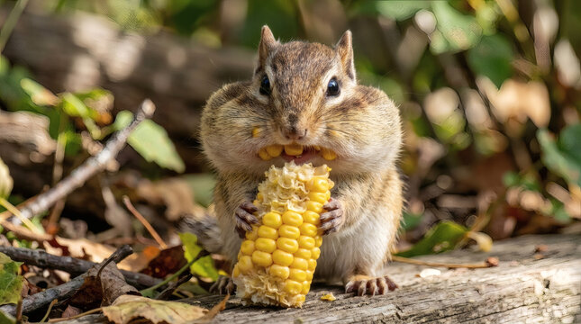 Cute chipmunk with full cheeks eating corn outdoors
