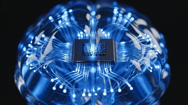 Blue glass human brain model with central microprocessor and glowing neural circuits on a black background