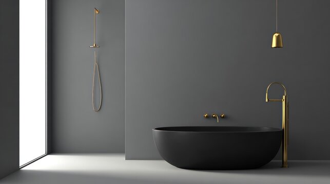 Minimalist bathroom interior features a black soaking tub with opulent gold fixtures against dark gray walls