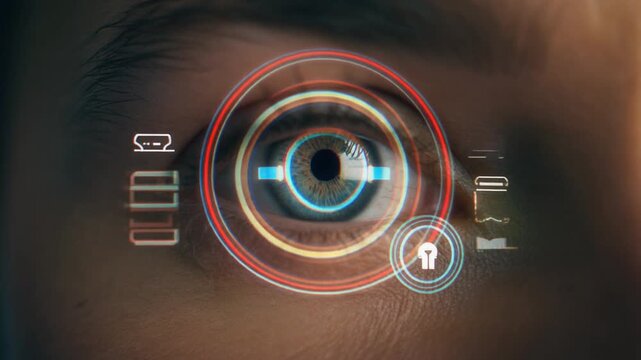Person opening eye undergoing retinal biometric scanning