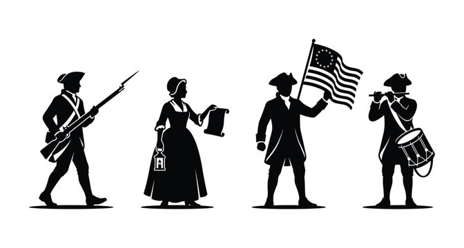 American Revolutionary War Silhouette Vector Set, Colonial Soldier with Musket Woman with Scroll Patriot Holding US Flag and Fife Drum Musician Black Shapes Isolated on White Background