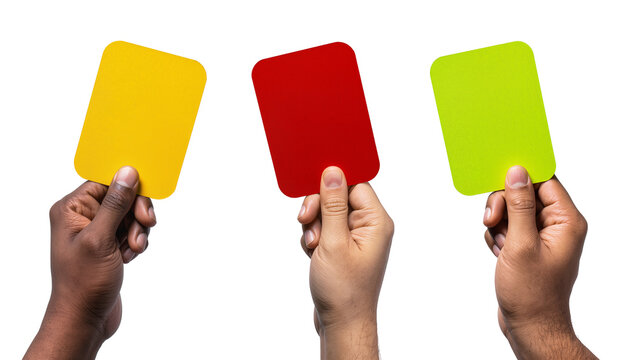 Hands holding yellow red, and green soccer cards