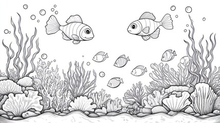 Fototapeta premium Black and white illustration of fish swimming in a coral reef tank with plants and bubbles
