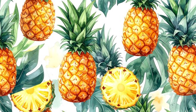 A vibrant watercolor pattern of golden pineapples with leafy greens against a white backdrop. Tropical, summery and fruity
