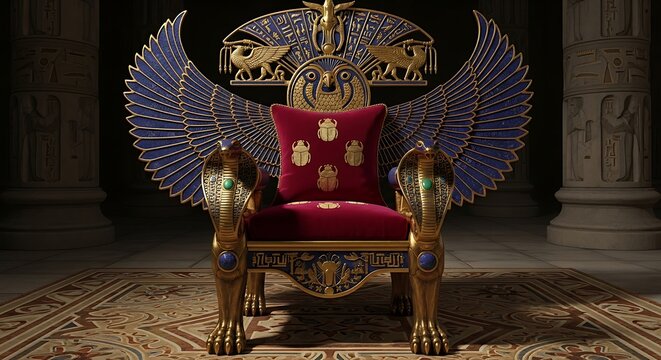 Ornate Ancient Egyptian Throne Standing in Dim Temple Interior
