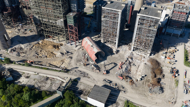 Aerial view of the demolition of Kraftwerk Voerde power plant with industrial steel structures, debris, and excavators in Voerde, North Rhine-Westphalia, Germany.