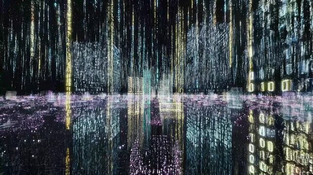 Abstract digital cyber city with binary code matrix rain background