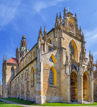 Front view of the main facade of Kladruby Abbey cathedral, Czech Republic. Baroque Gothic architecture under daytime sky