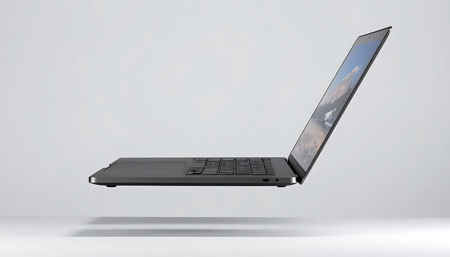 Isolated modern laptop computer floating in air, side profile view, open screen displaying landscape, sleek design for technology and business