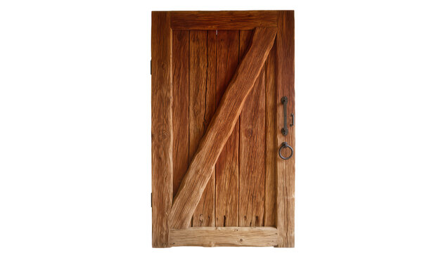 Rustic wooden plank door with diagonal brace and metal hardware