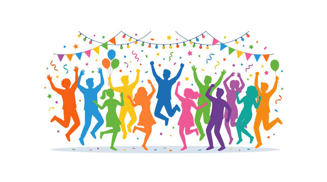 Colorful Silhouettes of People Dancing at Celebration Event.
