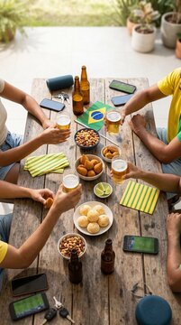 Amigos comemorando vit&oacute;ria do futebol brasileiro com cerveja gelada em mesa festiva moderna e acolhedora