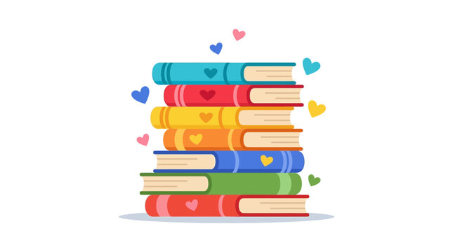 Colorful Stack of Books with Heart Decorations for Reading Enthusiasts.