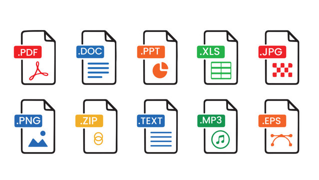 "File format extension document icons set flat vector style colorful template"