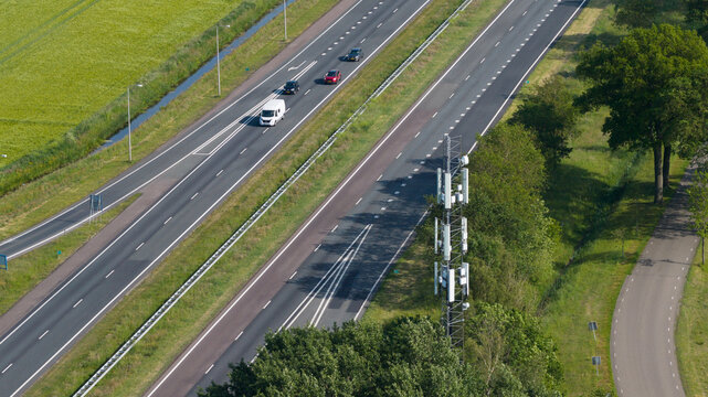 Aerial View of 5G Internet Antenna Along Highway