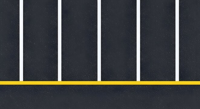 Empty asphalt parking lot surface from an aerial view with crisp white and yellow road markings creating a geometric background