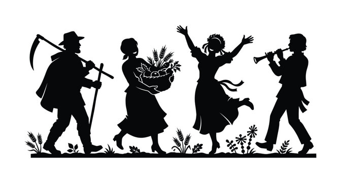 Traditional Harvest Festival Silhouette Vector Set, Farmer with Scythe Woman with Basket Joyful Dancer and Folk Flute Musician Black Shapes Isolated on White Background