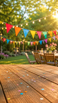 Colorful party bunting above wooden table with confetti and bokeh