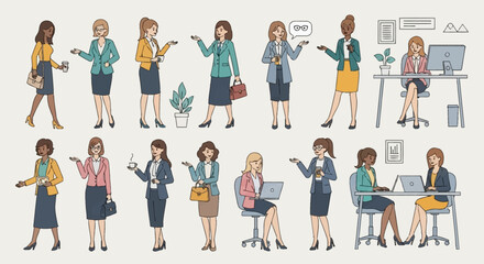 Obraz premium A diverse group of professional women in business attire, depicted in various poses and settings, illustrating a modern workplace.
