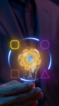 Business Process concept, set of activities performed by a group of stakeholders to achieve an organizational goal. Businessman shows glowing neon line of Business Process icon on virtual screen.