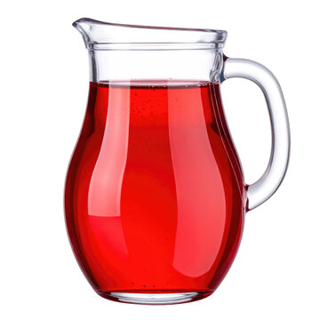 A glass pitcher filled with a red liquid, likely juice or a beverage, set against black