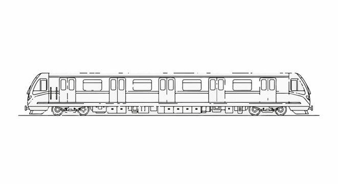 Black and white illustration of a modern train with multiple carriages and windows