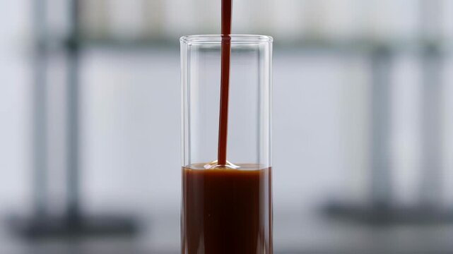 A stream of brown liquid is being poured into a tall glass test tube in a laboratory setting, suggesting a scientific experiment or analysis.