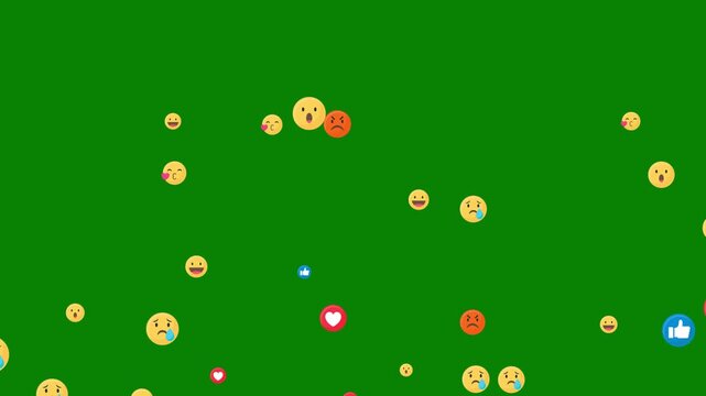 Social media emojis and reactions floating up on green screen background, chroma key