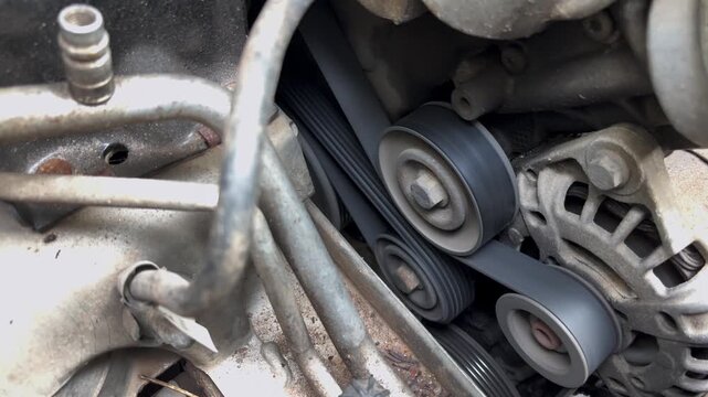 Close-up of moving engine drive belts and pulleys in a running automobile engine, showcasing mechanical motion, automotive technology and vehicle maintenance