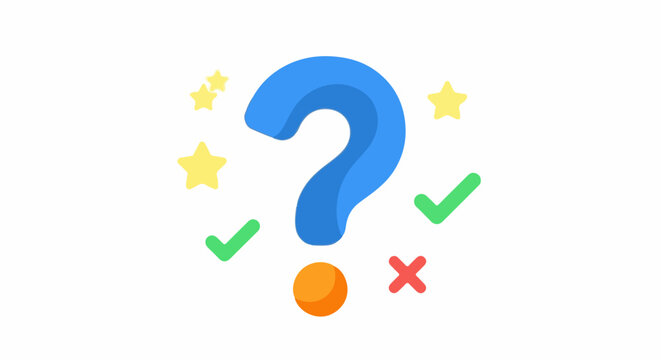 Cartoon question mark with stars, checks, and crosses