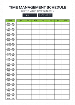 Weekly Time Management Schedule Planner Template with Hourly Time Blocks