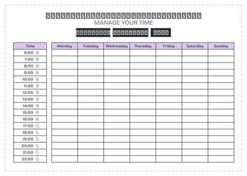 Landscape Weekly Time Schedule Planner Template with Pastel Purple Accents