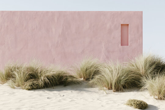 Blush pink plaster facade backdrop with recessed window niche framed by dune grass and white sand in soft coastal desert light.