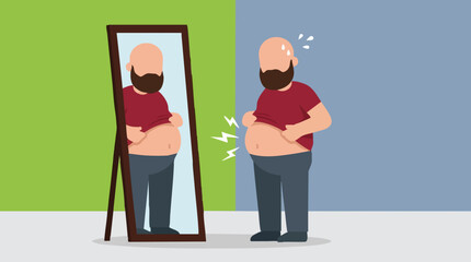 Fototapeta premium Worried overweight man looking at his large belly in the mirror