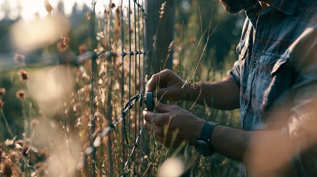 Medium shot of a security technician adjusting a wireless alarm beacon on a sustainable farm fence with wild grass softly out of focus and gentle daylight enhancing documentary