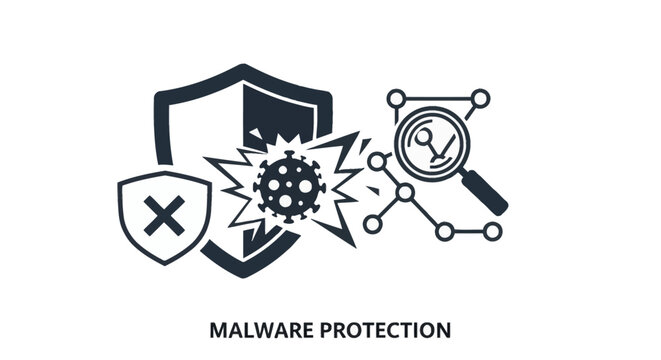 Icon representing malware protection with a shield blocking a virus and a magnifying glass analyzing a network.