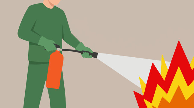 Person in green suit extinguishing a fire with a fire extinguisher illustration