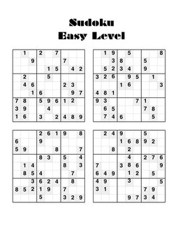 Sudoku easy printable activity sheet with four nine grid puzzles black and white minimal design
