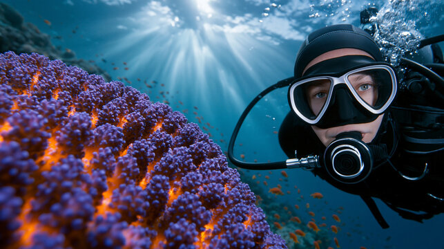 Wide dramatic underwater low-angle shot of a marine biologist in full scuba gear hovering beside a large vivid coral reef formation, intense natural sunlight from above penetrating