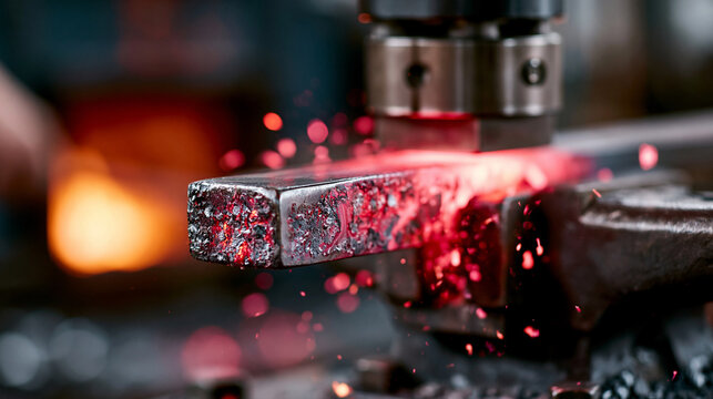 A realistic commercial stock image of a bladesmith folding layers of hot damascus steel under a power hammer, close view of pattern-welded steel glowing bright cherry red with heav